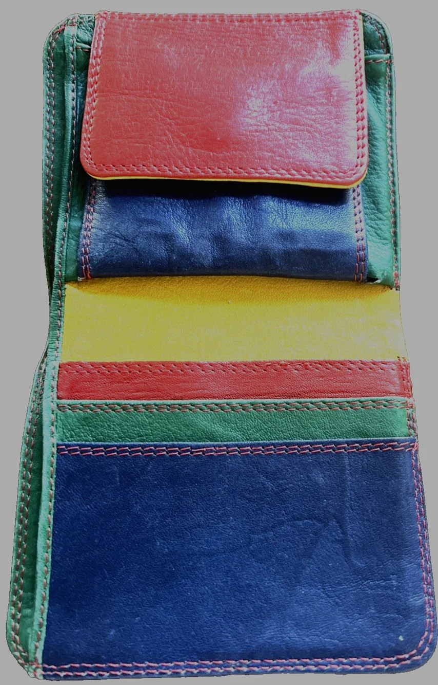 VTG Italian Leather Wallet Bi Fold Multi Colorblock Snap Fiocchi Hardware Retro